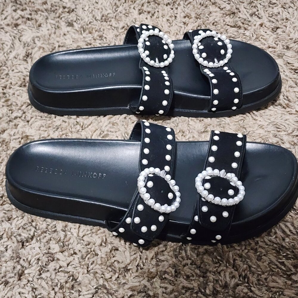 Rebecca Minkoff Lark Pear Embellished Black Slide Buckle Sandals 7.5 Edgy Chic - Picture 2 of 7
